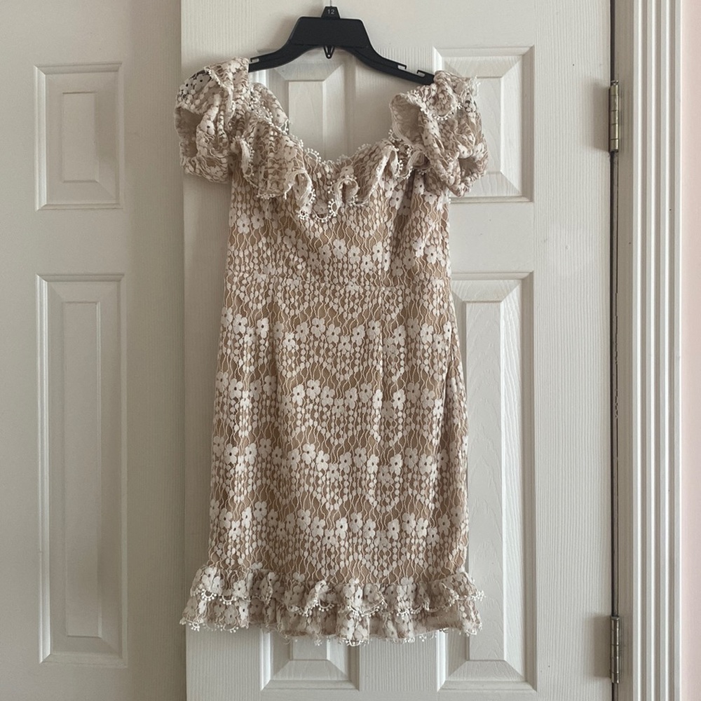 Selfie Leslie Bobby Bardot Neckline Floral Overlay Dress Beige